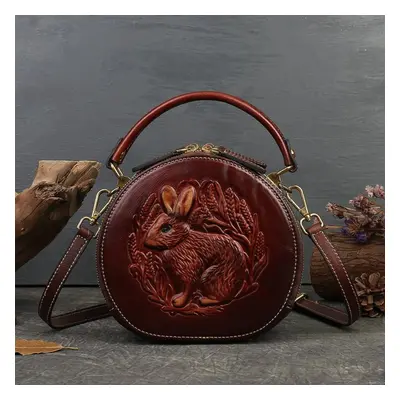 (coffee) Johnature Rabbit Embossed Handbag Genuine Leather Retro Women Bag Versatile Real Cowhid