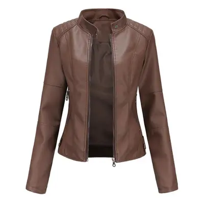 (brown, 3XL) Women Faux Leather Biker Jacket Pu Motorcycle Casual Zip Up Slim Coat Cropped Racer