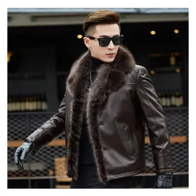 (brown, M) Genuine Leather Jacket Men&apos;s Raccoon Fur Collar Fur All-in-one Men&apos;s Thicke