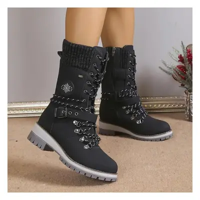 (black, 42) Women&apos;s Fashion Thermal Mid Calf Boots Knitted Splicing Lace Up Side Zipper Boo