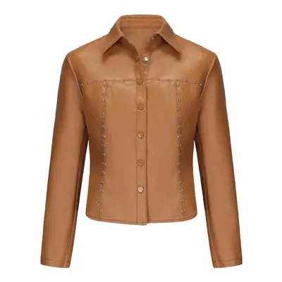 (camel, 3XL) Women's Rivet Jackets Faux Leather Lapel Button Up Long Sleeves Jacket Punk Rock St