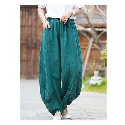 (green, S) Johnature Women Casual Linen Wide Leg Pants Elastic Waist Solid Color Trouser Spring 