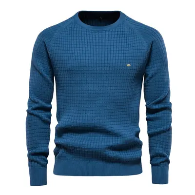 (blue, USA 50-60 kg) Aiopeson Cotton Men&apos;s Sweater New Winter Autumn Soild Plaid O-neck Pul