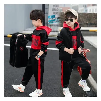 (red, 130) Winter Boys Tracksuit Autumn Teenager Clothes Tiger Velvet Jacket + Hoodie + Pant Chi