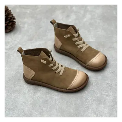 (khaki, 40) Johnature Handmade Retro Cowhide Short Boots Round Toe Elastic Strap Casual Genuine 