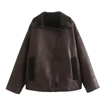 (dark brown, M) Women Faux Leather Lambswool Jacket Autumn Winter Thick Lapel Vintage Single Bre