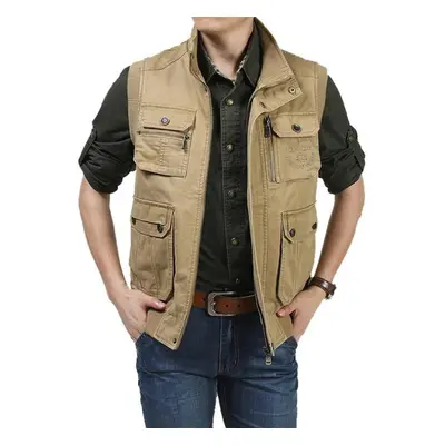 (khaki, M) Large Size Men&apos;s Spring Casual Multi Pocket Cotton Vest