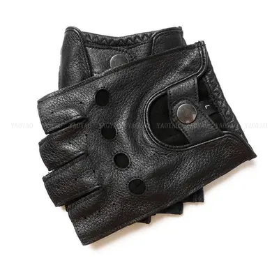 (black, M) Gours Real Leather Gloves Men 100% Genuine Deerskin Fingerless Gloves Half-finger Fit