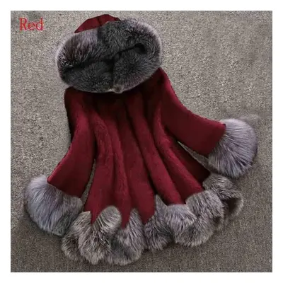 (red, M) Winter Women Fashion Plus Size Coat Luxury Long Faux Fur Coat Ladies Warm Coat Outwear