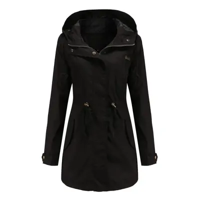 (black, L) Women's Trench Coat Cotton Solid Color Hooded Zipper Windproof Long Jacket Drawstring