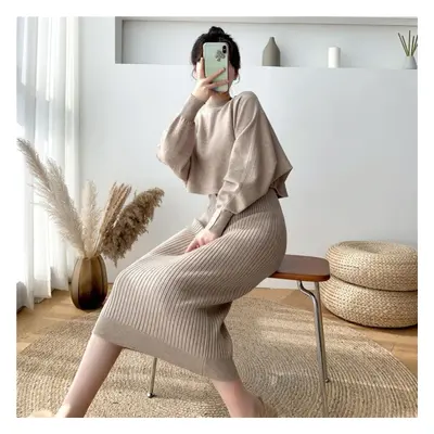 (khaki, One Size) Winter Knitted Woolen Dress Set Two Piece Dress Set Spring Women Wear With Mid