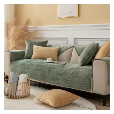 (grass green, 90*260cm) Thick Plush Edging Sofa Coversolid Color Non-slip Filling Full Sofa Cove