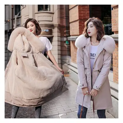 (beige, 5XL) Women Fall Winter Jacket Coat Parka Thicken Cotton Liner Medium Long Hooded Fur Col