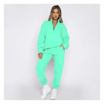 (bright green, XL) Autumn Winter Sweatsuit Solid Zip Stand Neck Pullover Long Sleeve Two-piece P