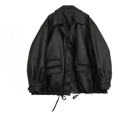 (black, M) Streetwear Black Pu Leather Coats Jackets Women Pocket Long Sleeve Y2k Gothic Autumn 