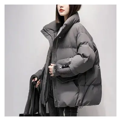 (gray, L) Thickened Winter Students&apos; Hooded Cotton-padded Jacket Short Warm Coat With Scarf