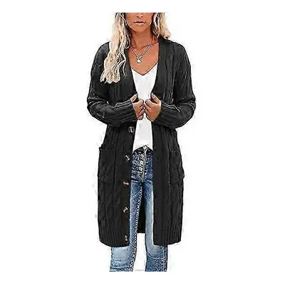 (l, black) Women's Fashion Long Sleeve Loose Long Ladies Thick Knit Cardigan