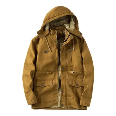 (khaki, XXXXL) Winter Hooded Plus Fleece Cotton Jacket Men &apos;s Large Size Mid -length Casual