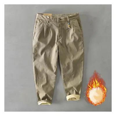 (apricot, 30) Winter Warm Men&apos;s Pants Youth Streetwear Casual Cargo Pants Solid Color Cotto