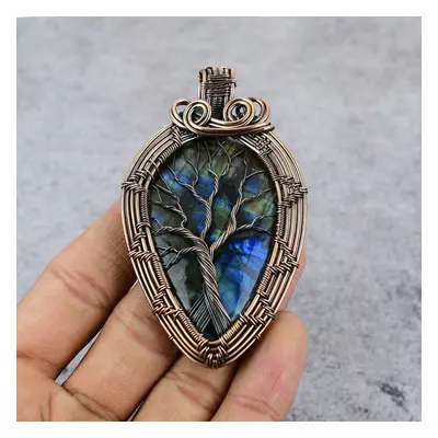 (black, 3.07 inches) Labradorite Gemstone Pure Copper Wire Wrap Handmade Jewelry Pendant