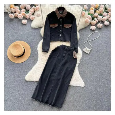 (black, XL) New Women Lapel Denim Jacket Full-length Skirt Two Pieces Sets Fashion Women&apos;s 