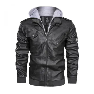 (grey, XL) Autumn And Winter Large Size Double Row Trendy Locomotive Casual Leather Jacket Hoode