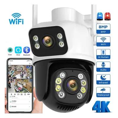 (EU Plug) New 8mp Ptz Wifi Camera Outdoor Night Vision Dual Screen Human Detection Security Prot