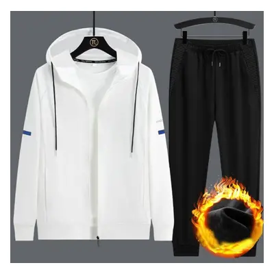 (white, 2XL) Men&apos;s Hooded Cardigan Coat Winter Padded Sweatpants Set Casual Plus Size Sport