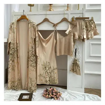 (champagne, XL) Women&apos;s Long Bathrobe Set Silk Spring Autumn Floral Print Ladies Dressing G