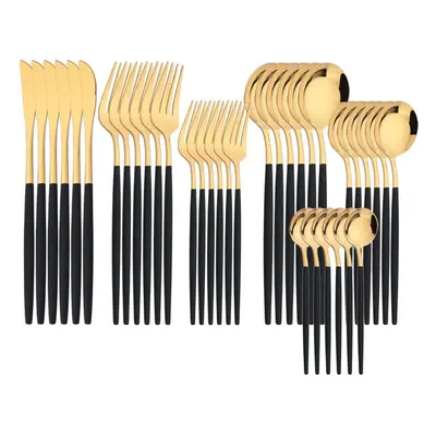 (black,gold) 36pcs Gold Dinnerware Cutlery Set Knife Dessert Fork Coffee Spoon Tableware Western