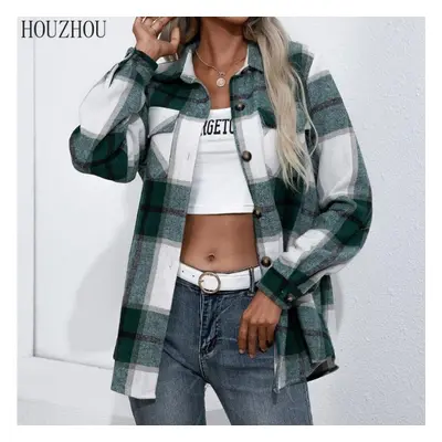 (green, XL) Houzhou Thick Plaid Shirt Women Autumn And Winter Long Sleeved Korean Chic Office La