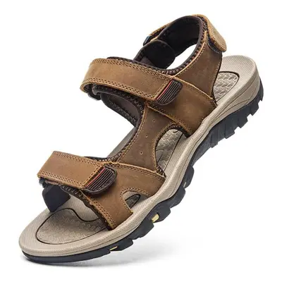 (light brown, 40) Large Size Genuine Leather Men Sandals Summer Men Beach Sandals Outdoor Sandal