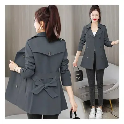 (grey, XXL) Spring Autumn Trench Coat Women Clothes Slim Long-sleeved Short Windbreaker With Bel