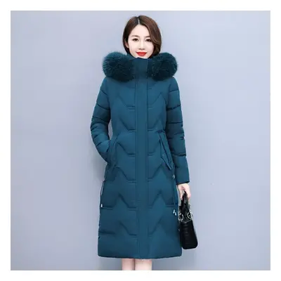 (ocean blue, XL) Winter New Large Size Women Thick Padded Cotton Hooded Jacket Hit The Color Lon