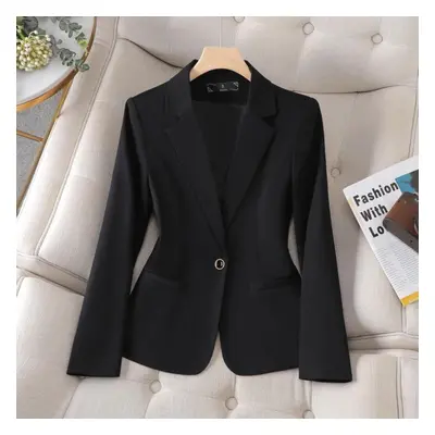 (black, 3XL) Autumn New Casual Tops Long Sleeve Office Lady Blazers Elegant Solid Color Button A