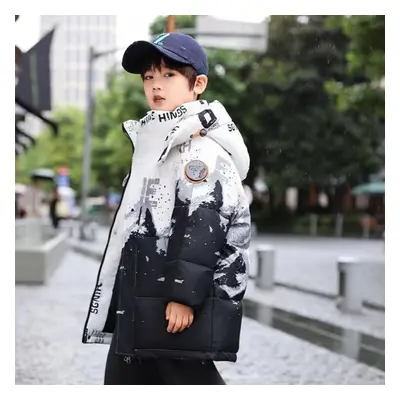 (black,white, 130) Down Jacket Mid-length Boys New Winter Thickened Warm Fashionable Jacket