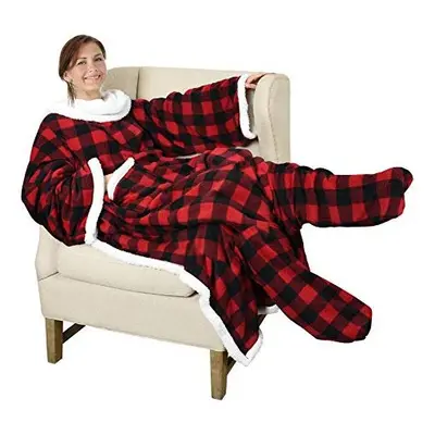 Catalonia Classy Tartan Wearable Sherpa Snuggle Blanket with Sleeves and Foot Pocket, Soft Cosy 