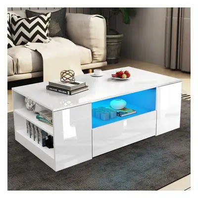 (White High Gloss Led Coffee Table) LED Coffee Table Wooden Drawer Storage High Gloss Modern Liv