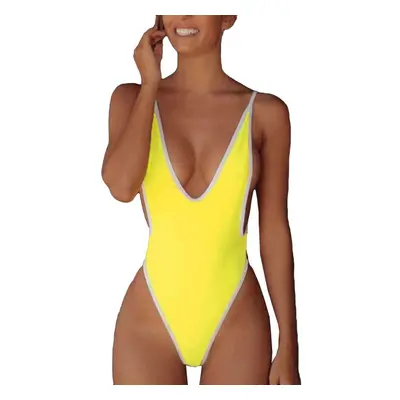 (Yellow, L) Women One-piece Swimsuit Plunge V Neck Solid High Cut Thong