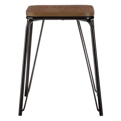 Black Metal and Elm Wood Stool, Small Square Stool, Accent Wooden Stool for Home, Office