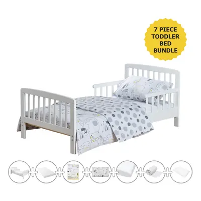 7 Piece White Toddler Bed Safari Friends With Mattress & Water Resistant Cover