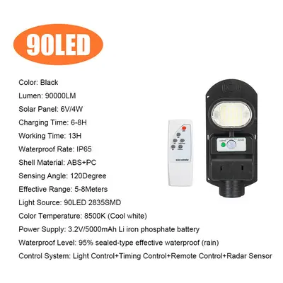 (90 LED) 90/180/270/360/450LED Solar Street Light IP65 PIR Motion Sensor Wall Lamp+Timing Functi