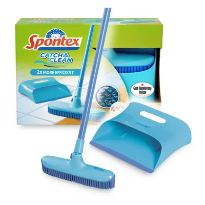 Spontex Catch & Clean Indoor Rubber Broom and Dustpan Set - Dustpan and Brush Set for Pet Hair R