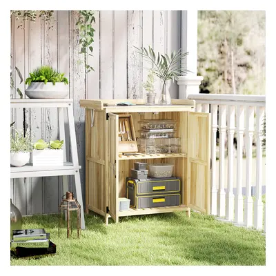 Outsunny Wooden Garden Storage Shed w/Hinged Roof and Shelf, Natural Wood