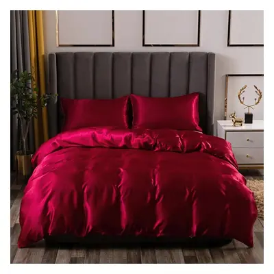 (wine red, 230*260cm) Luxury Satin Bed Sheets Imitation Silk Bedding Set Soft Duvet Cover Queen 