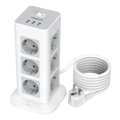 (gray, Outlet & USB Ports) Tessan Power Tower Multi Outlets With Usb, 2m Retractable Extension C