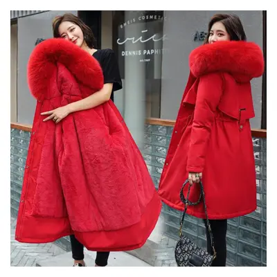 (red, L) Winter Jacket New Women Parka Clothes Long Coat Wool Liner Hooded Jacket Fur Collar Thi