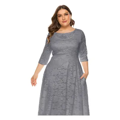 (grey, 4XL) Plus Size Xl-6xl New Fashion Popular Evening Dress Medium Length Hollow Lace Women D