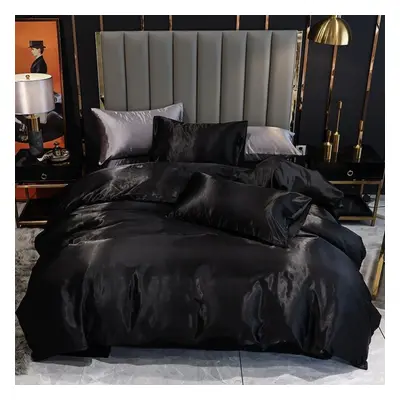 (black, 200*200cm) Colors Luxury Imitation Silk Bedding Set Pcs/ Set Duvet Cover & Pillowcase Se