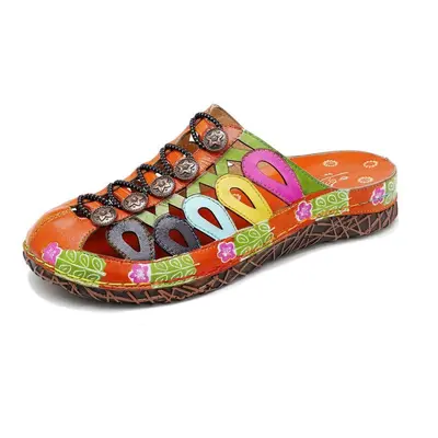 (orange, 39) Johnature Colorful Hollow-out Slippers Genuine Leather Hand-painted Outside Slides 